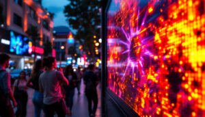 A photograph of capture a photograph of a vibrant led display in a bustling southern california setting
