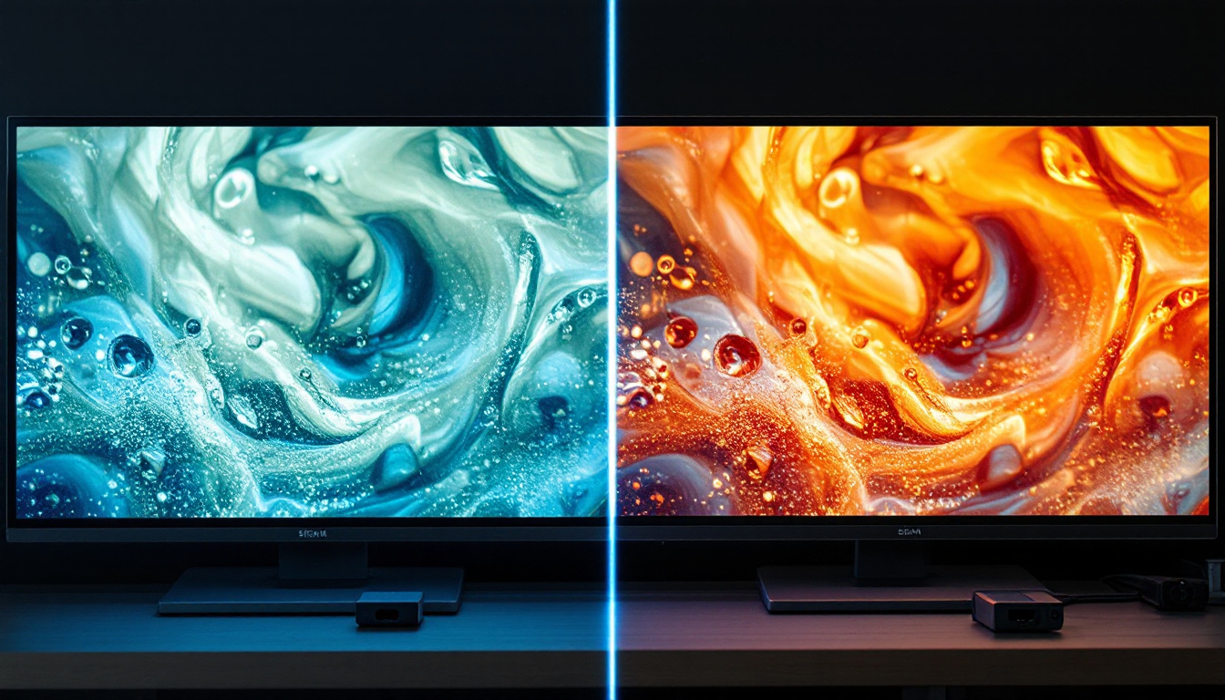 A photograph of a side-by-side comparison of two led displays showcasing the differences in resolution and color vibrancy between a displayport 2.1 and a displayport 1.4 connection