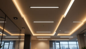 A photograph of a modern ceiling featuring sleek rectangular led lights in a stylish interior setting