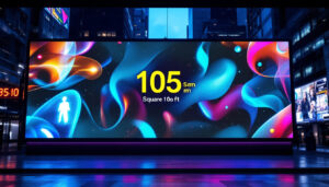A photograph of a vibrant led display showcasing a visual representation of 105 square meters converted to square feet