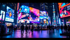 A photograph of a vibrant led display in a bustling urban setting
