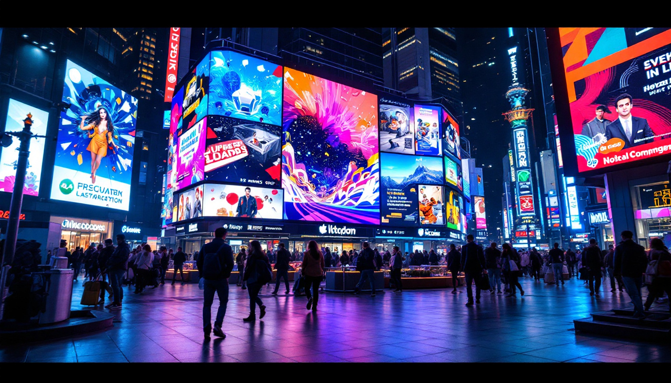 A photograph of a vibrant led display in a bustling urban setting