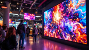 A photograph of a vibrant led display in a dynamic public setting