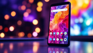 A photograph of a vibrant pixel smartphone home screen displaying various led widgets and apps