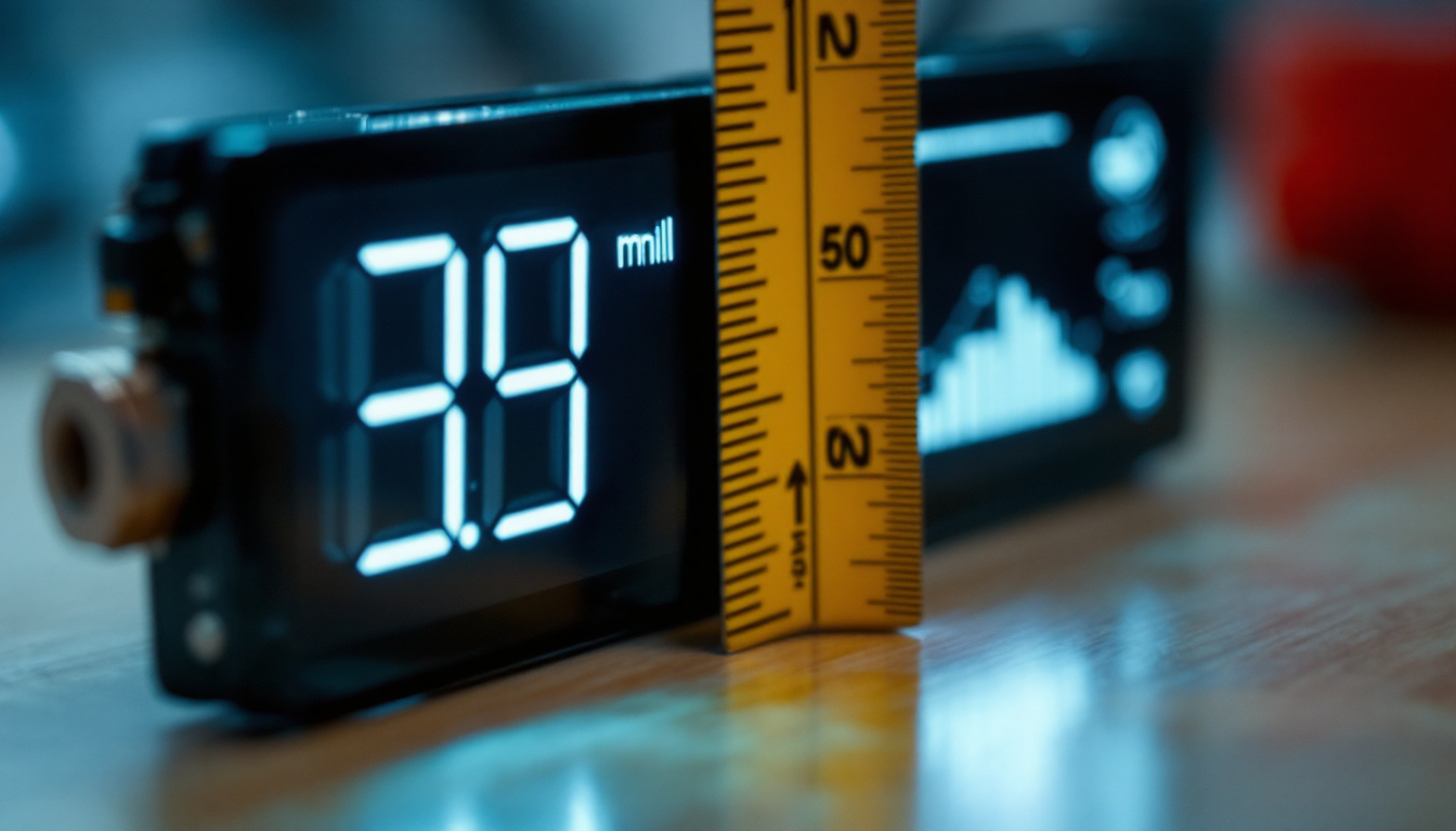 A photograph of a close-up of an led display showing measurements in both millimeters and inches