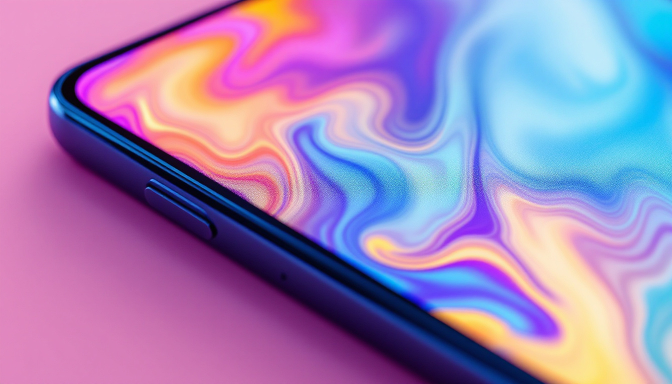 A photograph of a close-up shot of a smartphone or tablet displaying vibrant colors and sharp details