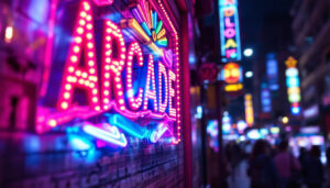 A photograph of capture a photograph of a vibrant arcade led sign illuminated at night