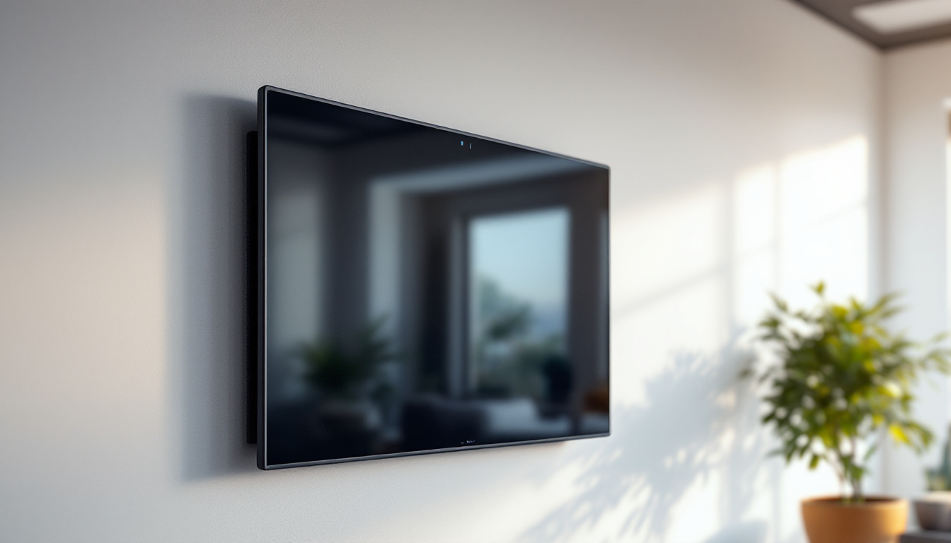 A photograph of a sleek touch screen monitor mounted on a wall in a modern office or home setting