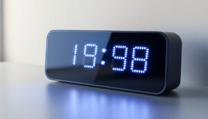 A photograph of a sleek digital clock with a large led display prominently showing the time