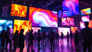 A photograph of a vibrant led display showcasing various light board sizes in a dynamic setting