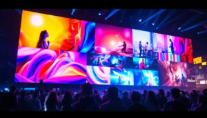 A photograph of a vibrant led display showcasing multiple videos simultaneously