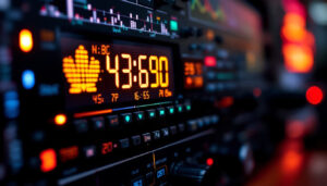 A photograph of a close-up of an nbc radio monitor's led display in action