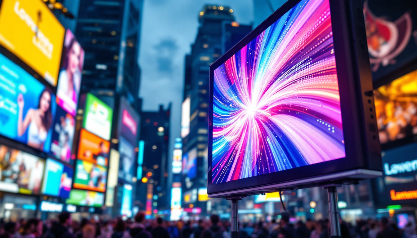 A photograph of a vibrant led display in a bustling urban setting