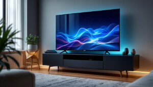 A photograph of a sleek flat screen tv with stylish legs prominently displayed in a modern living room setting