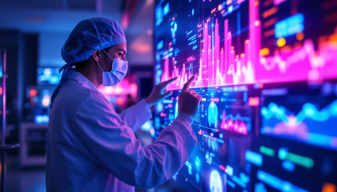 A photograph of a medical professional interacting with a high-tech led display in a clinical setting