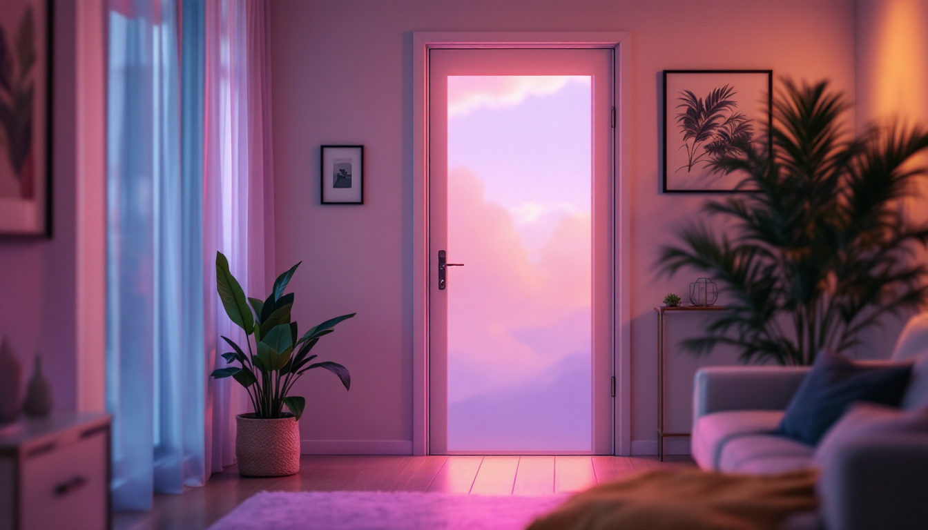 A photograph of a temporary door screen with an led display in a home setting