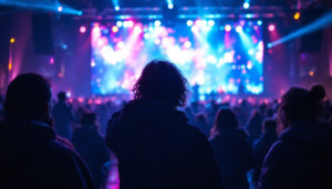 A photograph of a vibrant led display in a dynamic setting