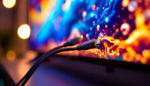 A photograph of a close-up shot of a high-quality hdmi cable connected to a vibrant led display