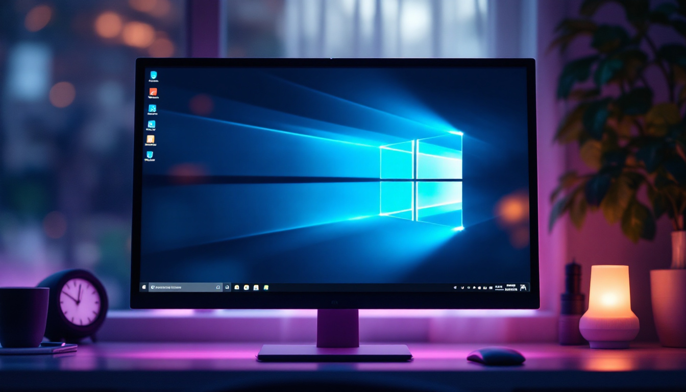 A photograph of a close-up shot of a computer monitor displaying a windows 10 desktop with partially visible windows