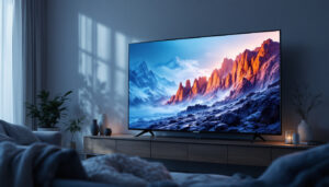 A photograph of a modern led television displaying a visually striking image