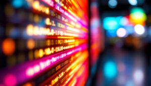 A photograph of a close-up shot of a vibrant led display in use