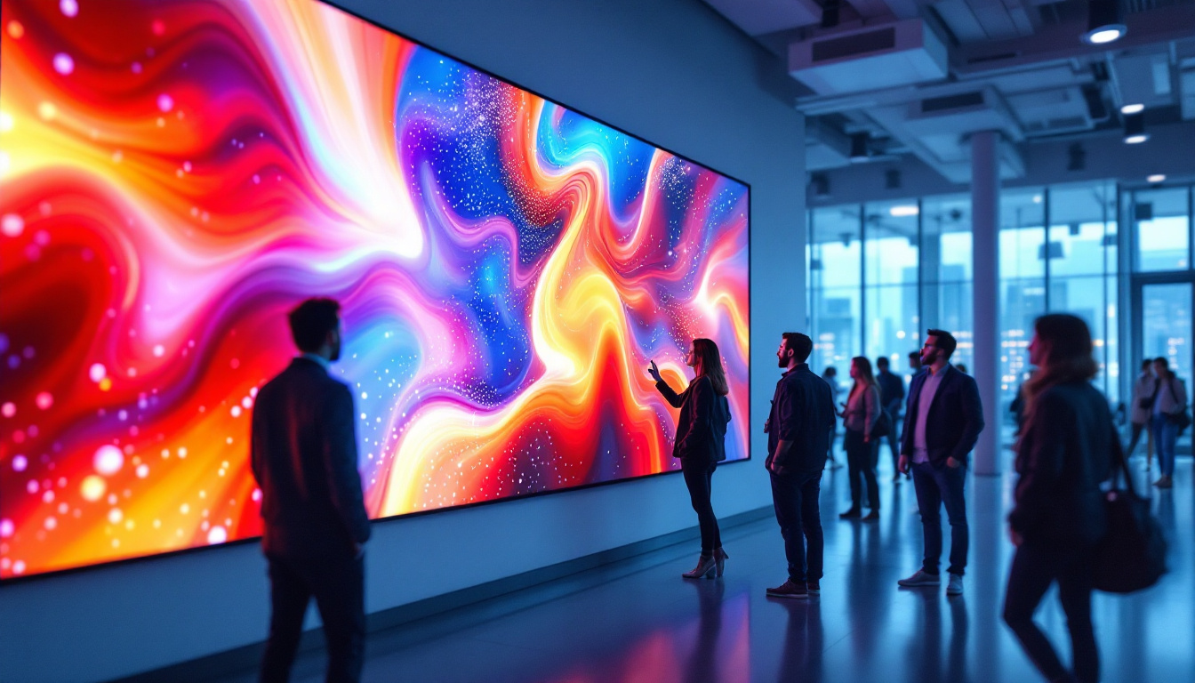 A photograph of a large touch panel led display in a modern setting