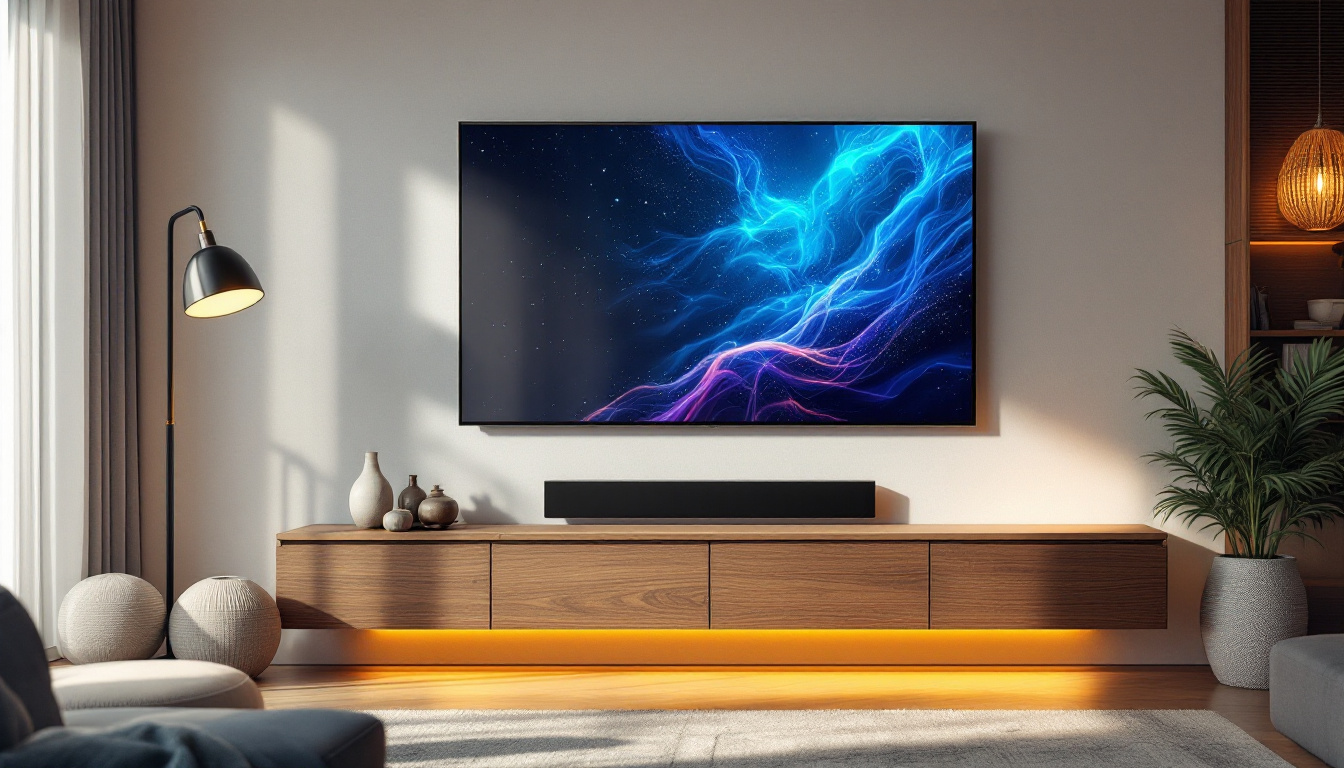 A photograph of a stylish flat screen tv wall cabinet featuring a modern led display