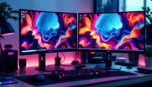 A photograph of a sleek workspace featuring dual 27-inch led monitors displaying vibrant