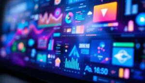 A photograph of a close-up shot of a vibrant touchscreen lcd displaying various colorful graphics and user interface elements