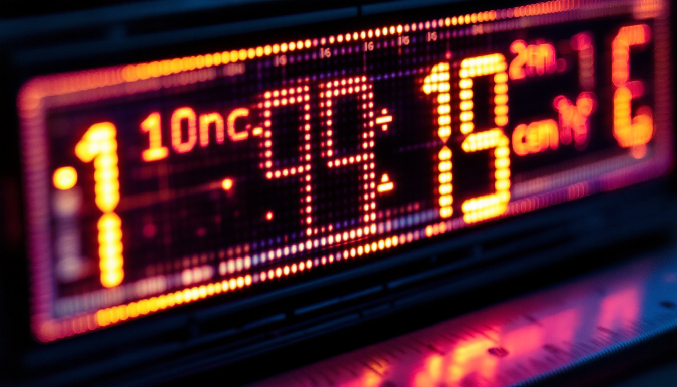 A photograph of a close-up shot of an led display screen showing a clear measurement conversion from inches to centimeters