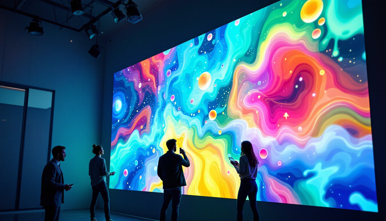 A photograph of a vibrant led projection screen displaying dynamic visuals in a modern setting