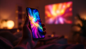 A photograph of a smartphone displaying a vibrant image projected onto a wall