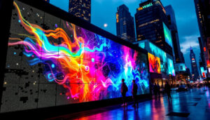 A photograph of a vibrant led display showcasing dynamic visuals from "the wall