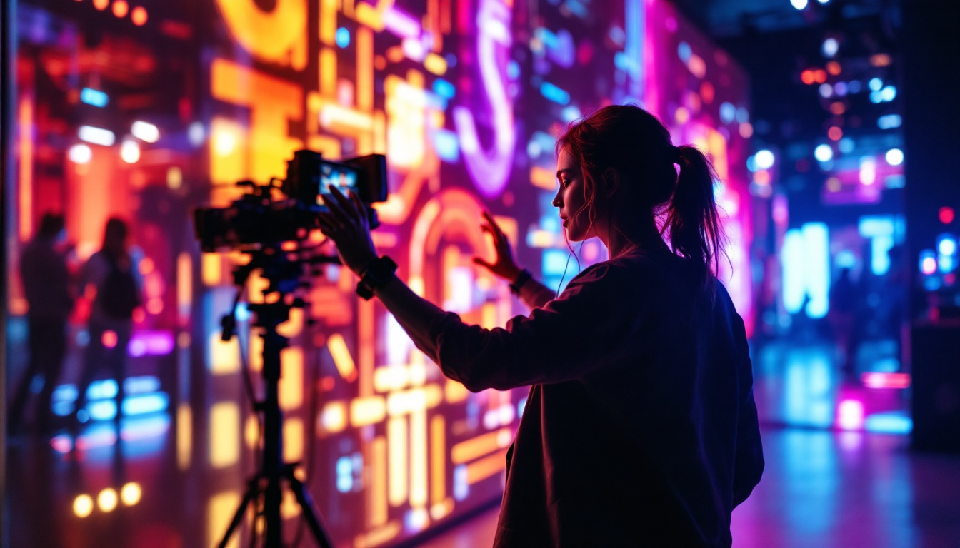 A photograph of a vibrant studio setup featuring an led display backdrop in action