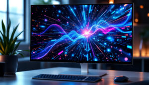 A photograph of a sleek touch screen pc monitor displaying vibrant led graphics in a modern workspace setting