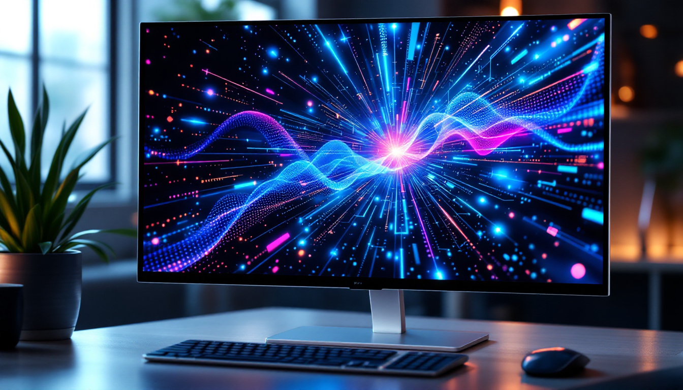 A photograph of a sleek touch screen pc monitor displaying vibrant led graphics in a modern workspace setting