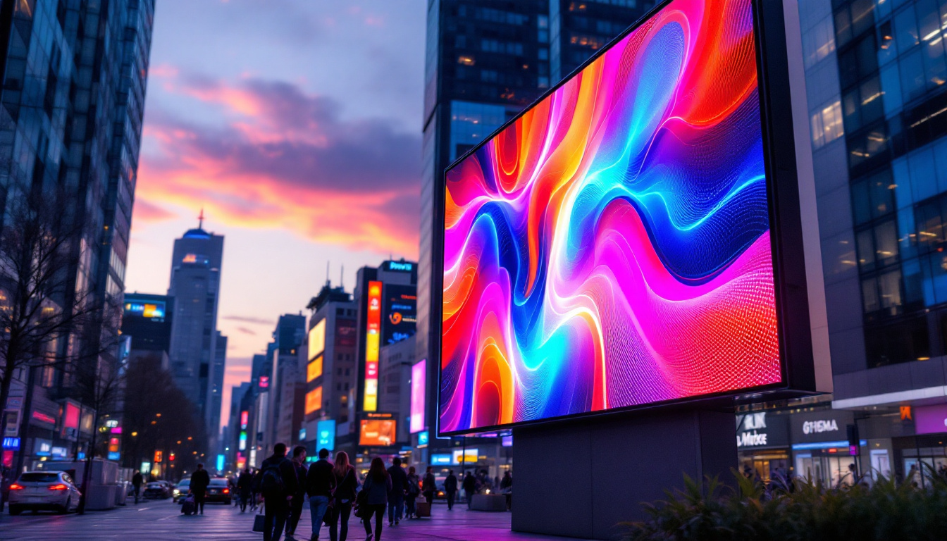 A photograph of a vibrant large outdoor led display showcasing dynamic content in an urban setting
