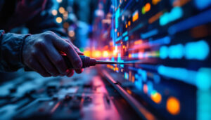 A photograph of a close-up shot of a technician installing an led display