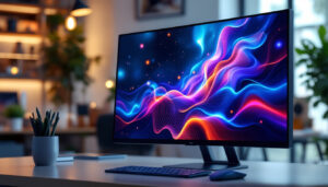A photograph of a sleek 32-inch led flat screen monitor displaying vibrant colors and sharp images