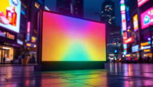A photograph of a vibrant led display in an urban setting at night