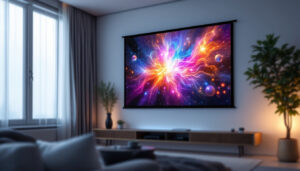 A photograph of a powered projector screen in a modern home setting