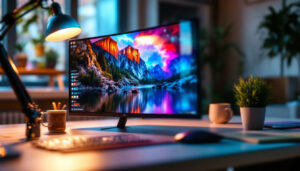 A photograph of a sleek portable 4k monitor set up in a creative workspace
