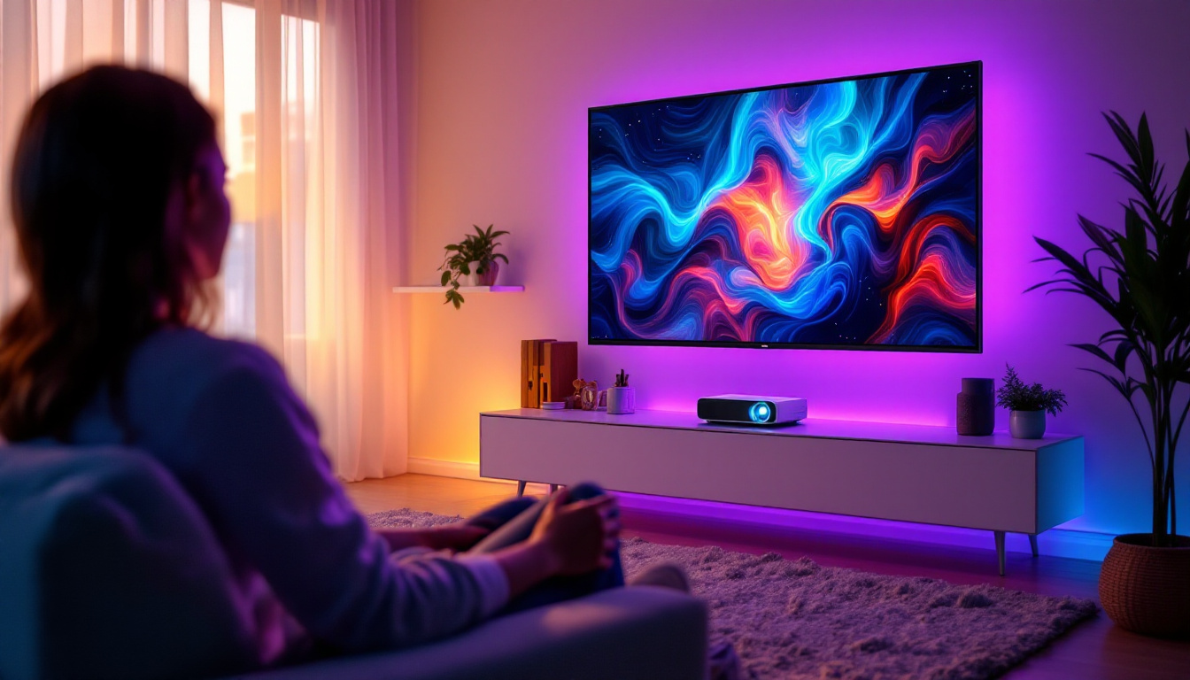 A photograph of capture a photograph of a sleek all-in-one projector and screen kit set up in a cozy home environment