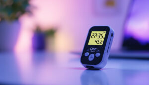 A photograph of capture a photograph of the one touch ultra plus flex meter prominently displayed on a clean surface