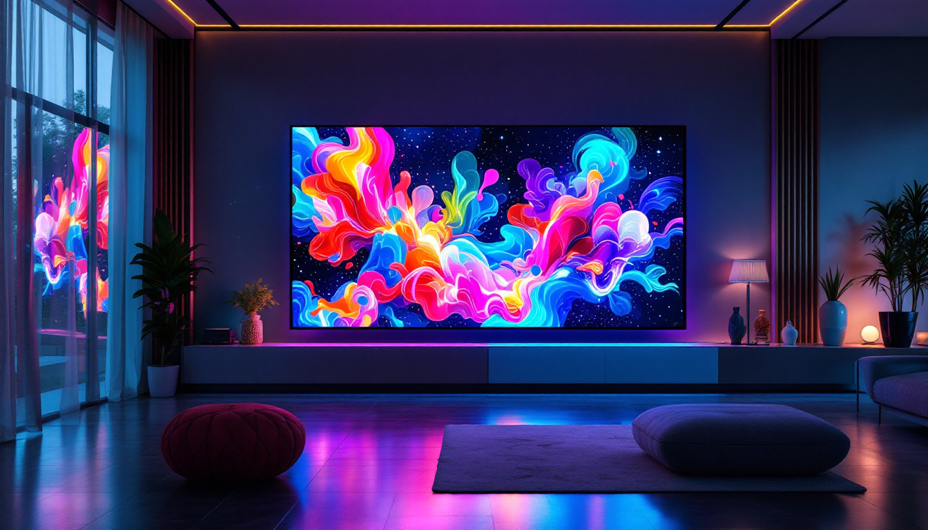 A photograph of a vibrant and dynamic led display showcasing an array of digital artworks