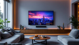 A photograph of a modern living room featuring a large led tv mounted on a full wall