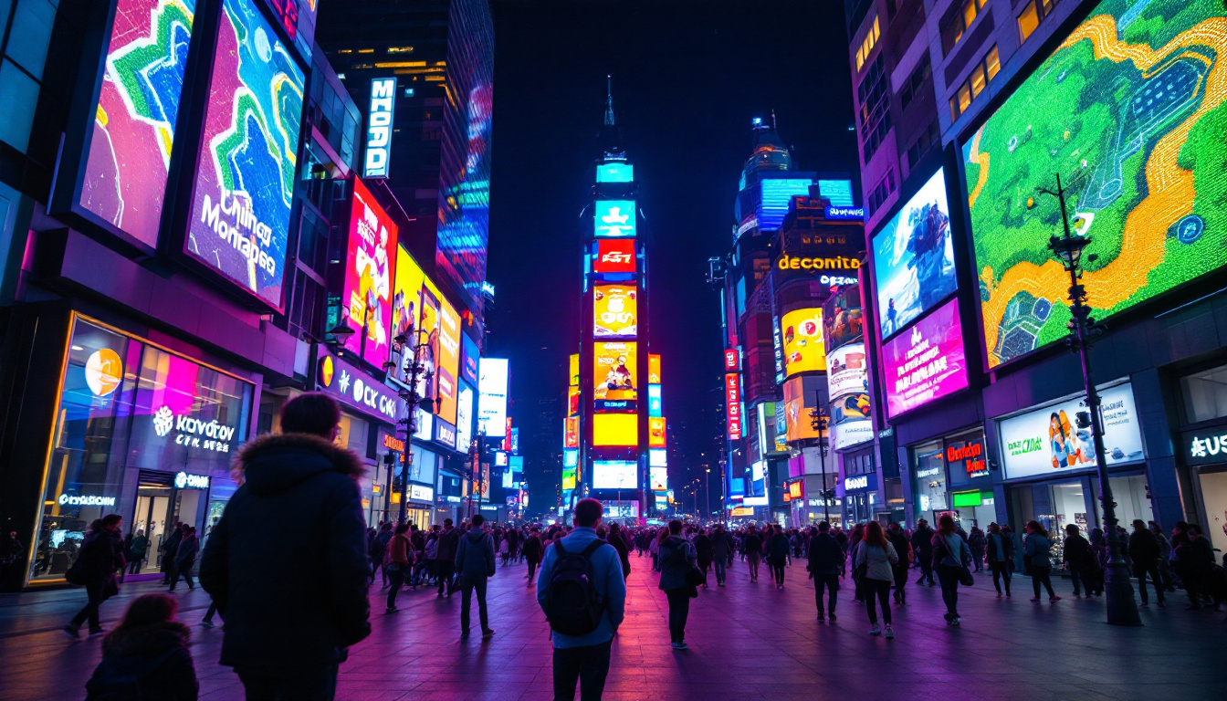 A photograph of a vibrant led display in a bustling urban setting