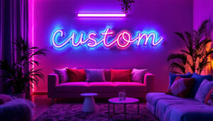 A photograph of a stylishly decorated room featuring a vibrant custom led sign that showcases creative lighting and design