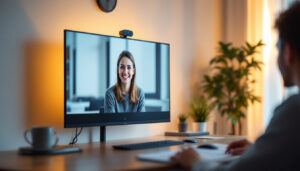 A photograph of a well-lit video conferencing setup featuring a modern led display
