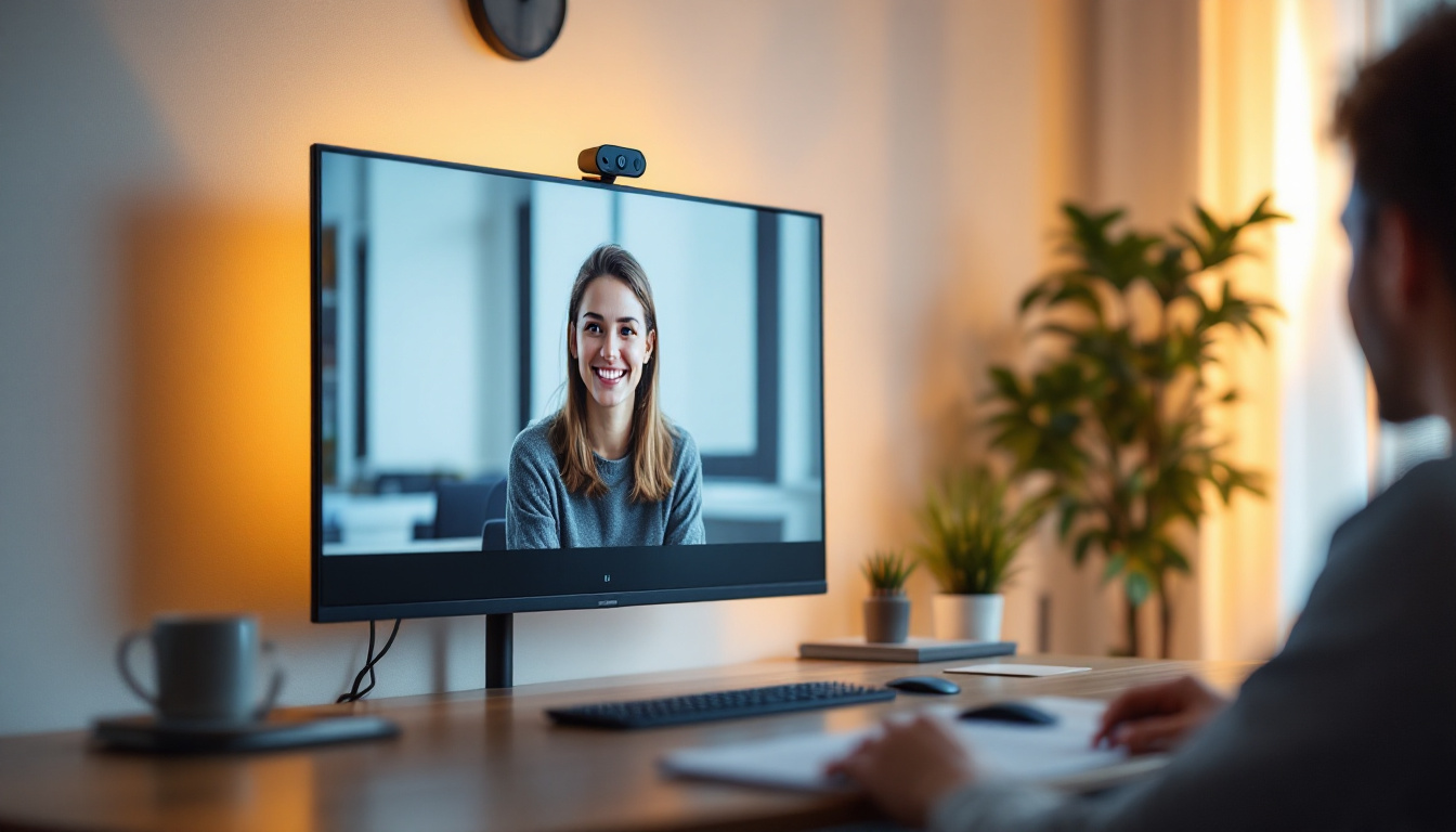 A photograph of a well-lit video conferencing setup featuring a modern led display